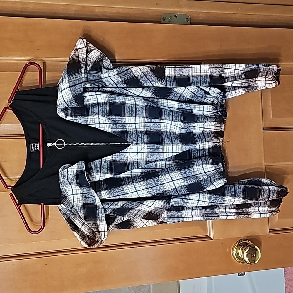 🆕️ Shien Plaid Off-the-shoulder Top With Elastic Hem On Waist & Sleeves